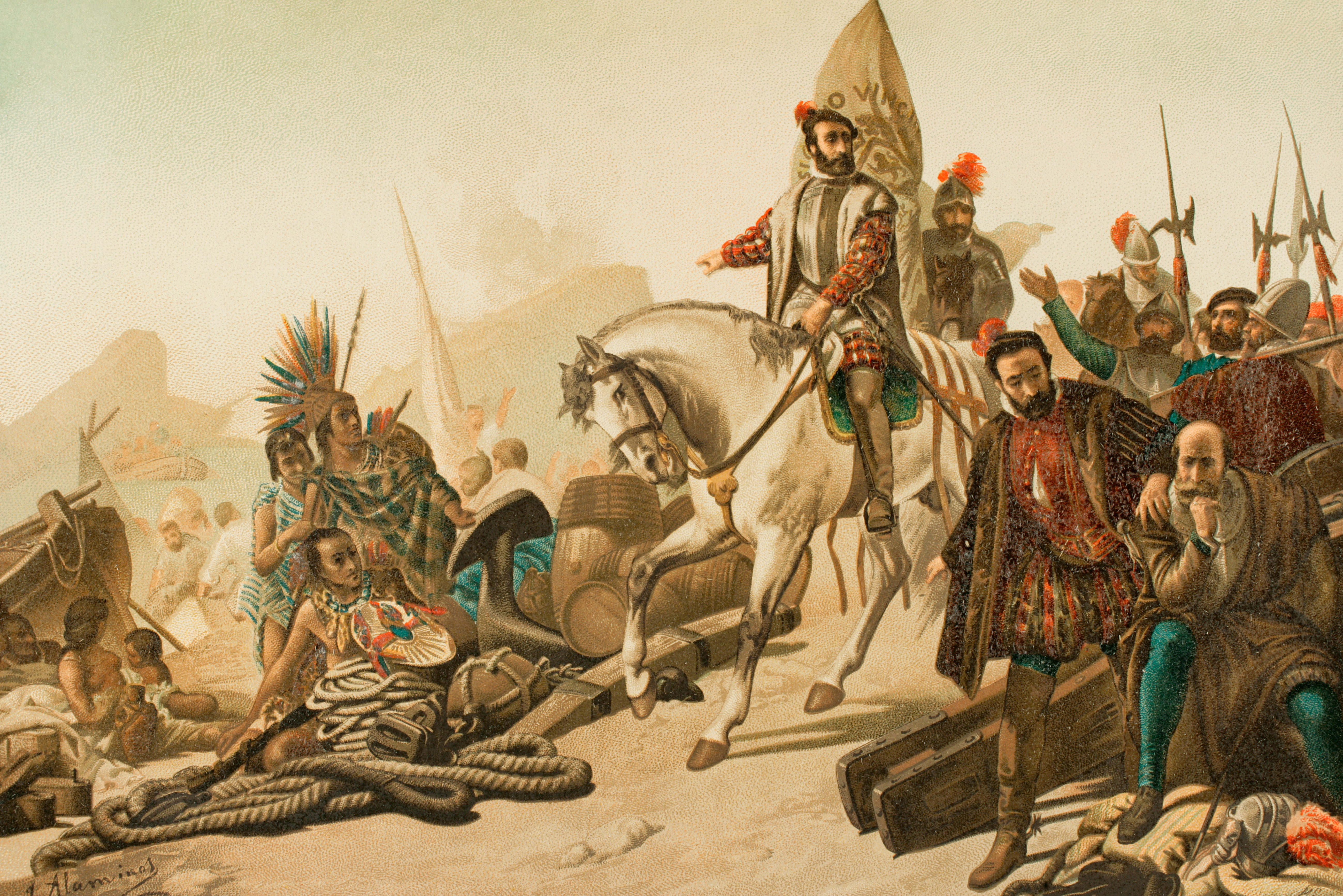 Conquistadors with armor and weapons prosecute with indigenous radical adjacent ships; an important infinitesimal depicting aboriginal exploration and conflict