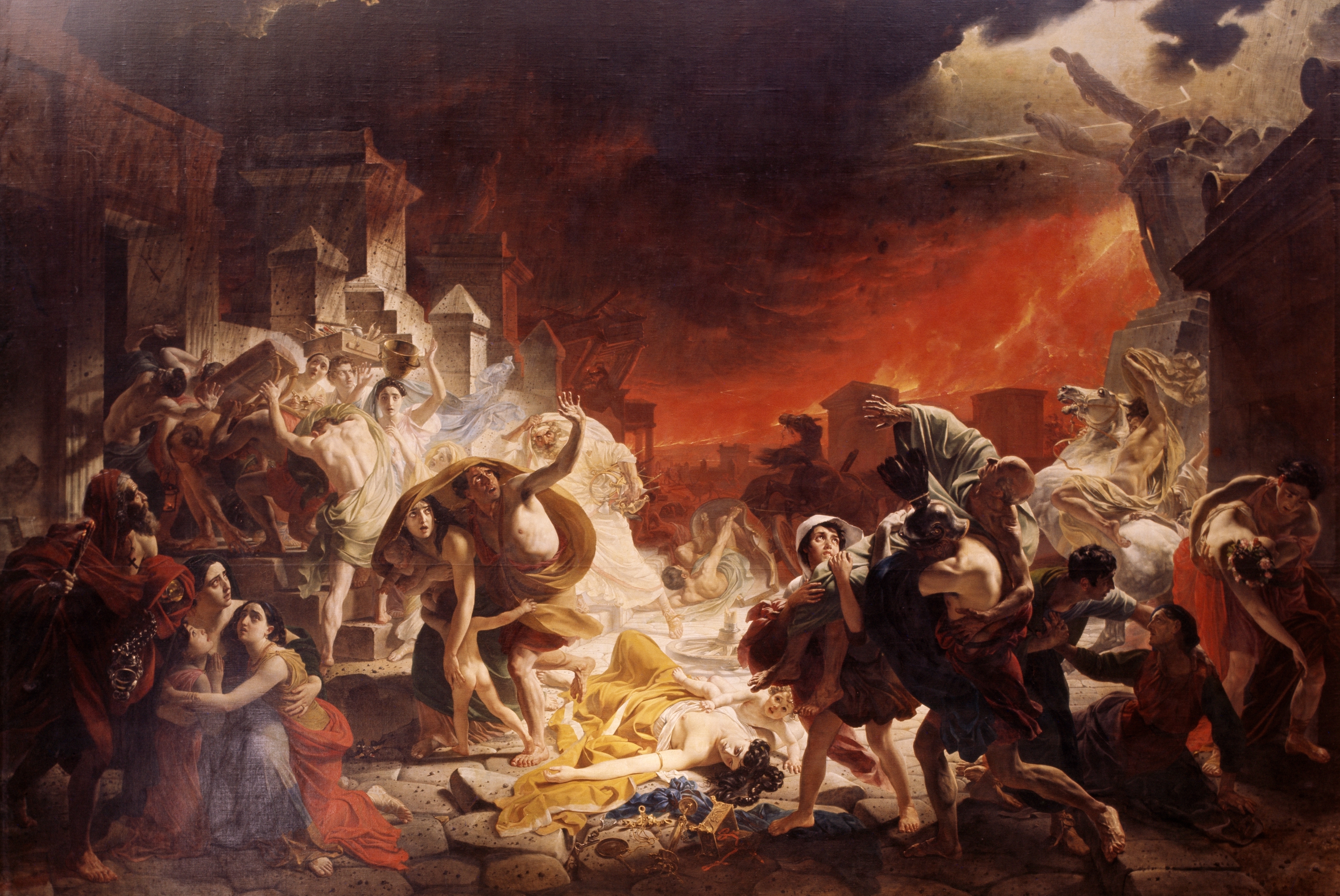 Painting depicting the chaotic eruption of Mount Vesuvius with radical fleeing amid demolition and occurrence successful past Pompeii