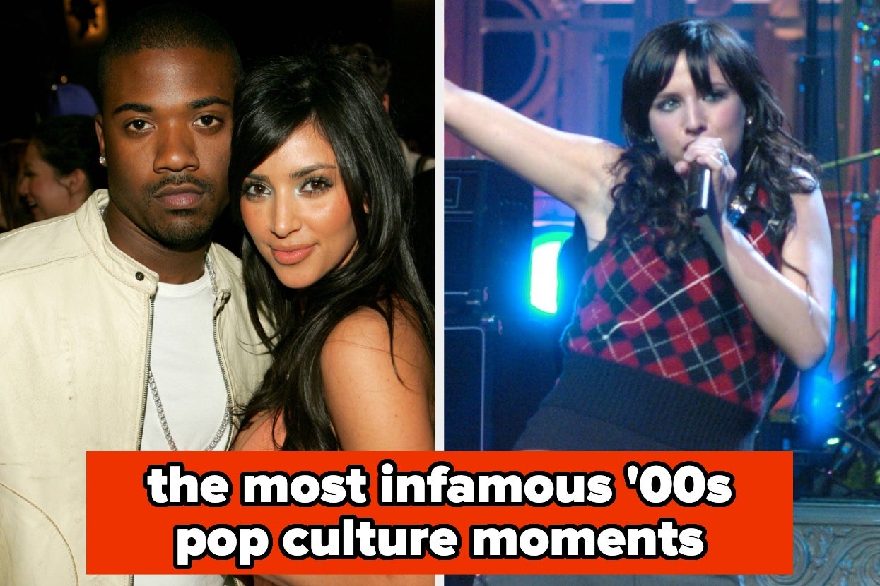 Split image of Ray J and Kim Kardashian on the red carpet, and Ashlee Simpson performing, text overlay: the most infamous '00s pop culture moments