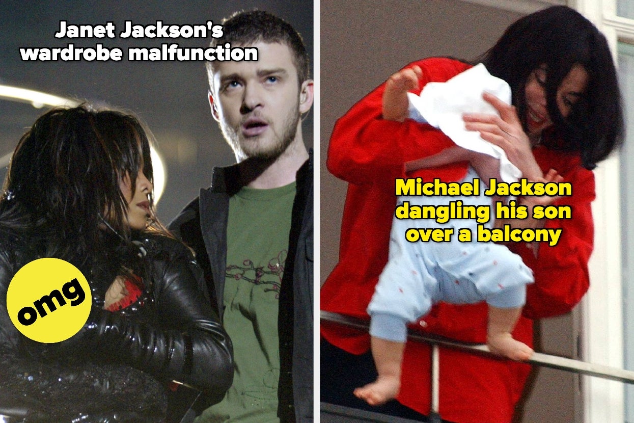 Split image of Janet Jackson and Justin Timberlake performing, and Michael Jackson holding a covered baby over the balcony, text overlays with a yellow "OMG sticker": Janet Jackson's wardrobe malfunction / Michael Jackson dangling his son over a balcony