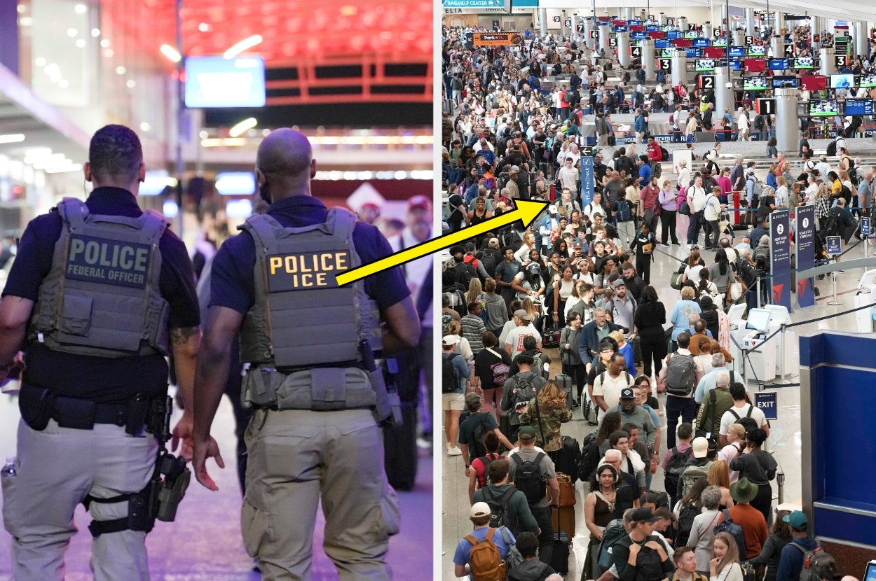 Two ICE officers patrol an airport, with a bustling crowd at check-in counters, suggesting tightened security measures