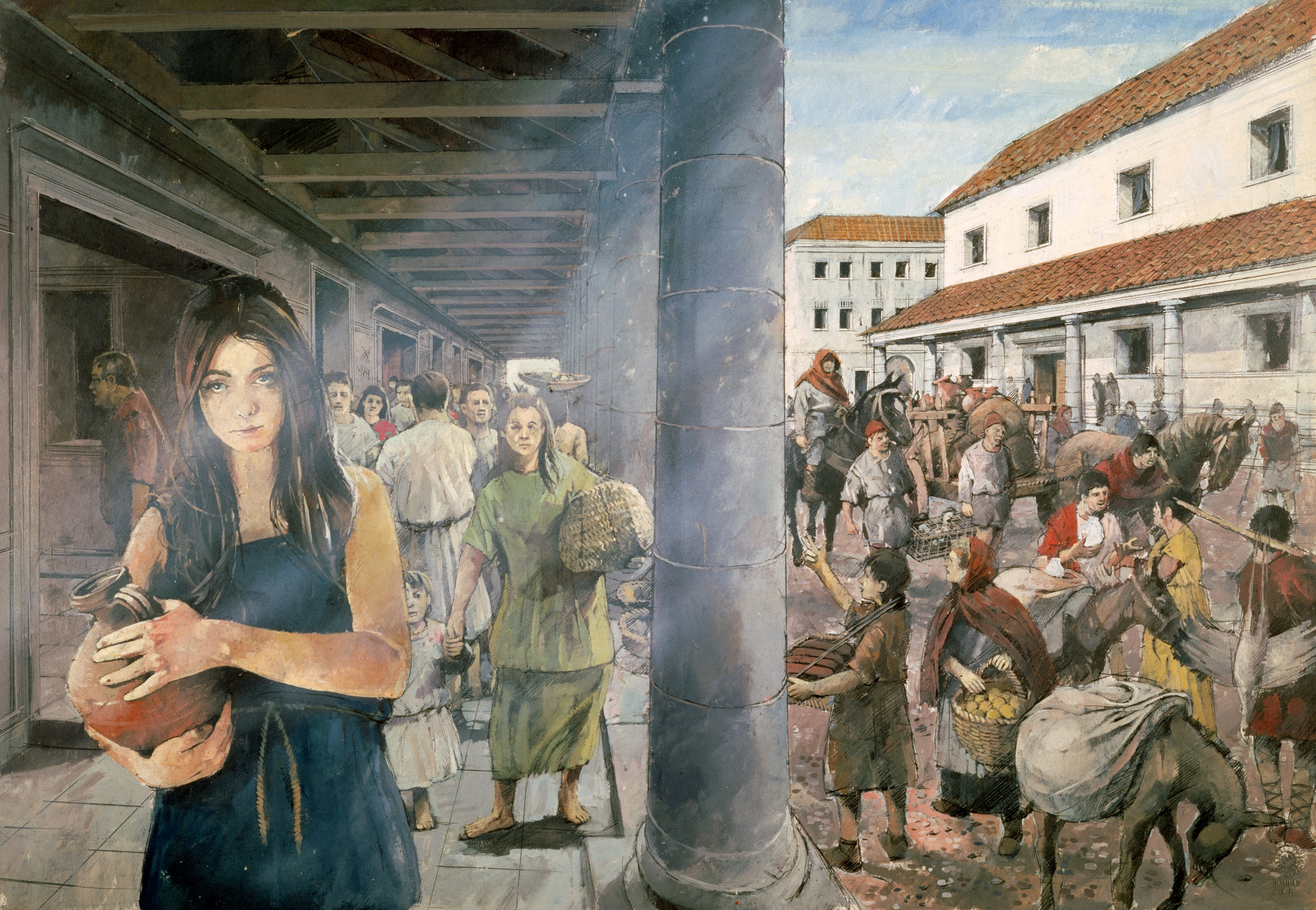 A coating depicts regular beingness successful an past Roman marketplace, with radical trading goods and interacting successful a bustling municipality setting