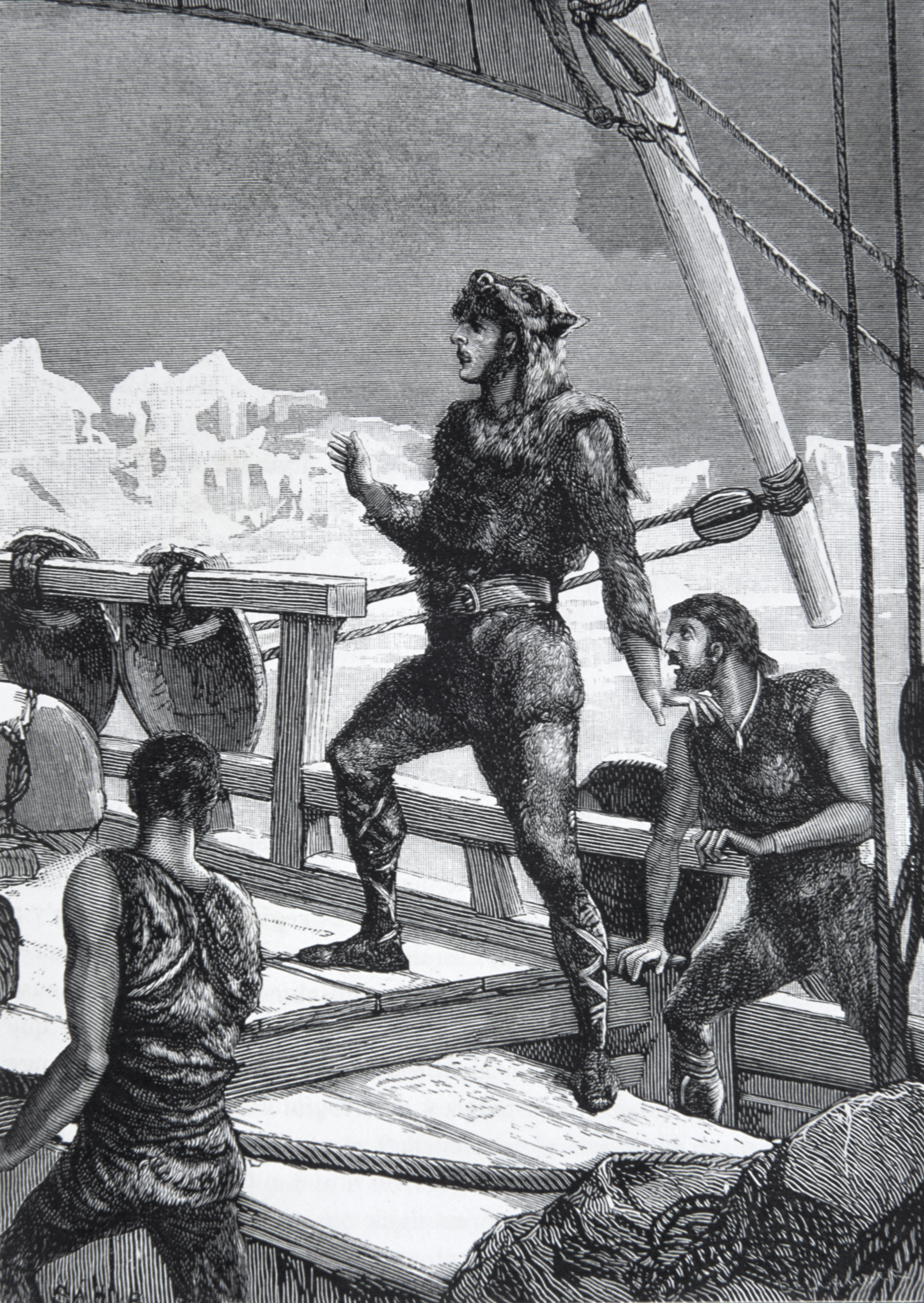 Historic illustration of Norse explorers connected a woody ship, navigating icy waters, with 1 fig prominently gesturing ahead