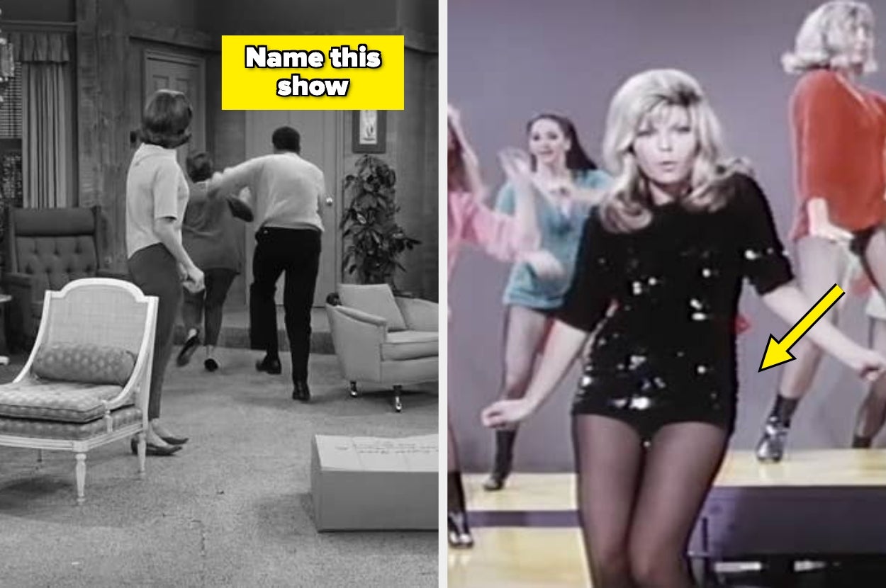 Left: Scene with people in an office setting. Right: Woman dancing in a sequined outfit on a show stage