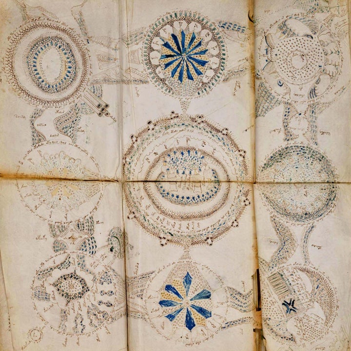 Illustration from the Voynich Manuscript showing intricate, mysterious circular patterns with no discernible text