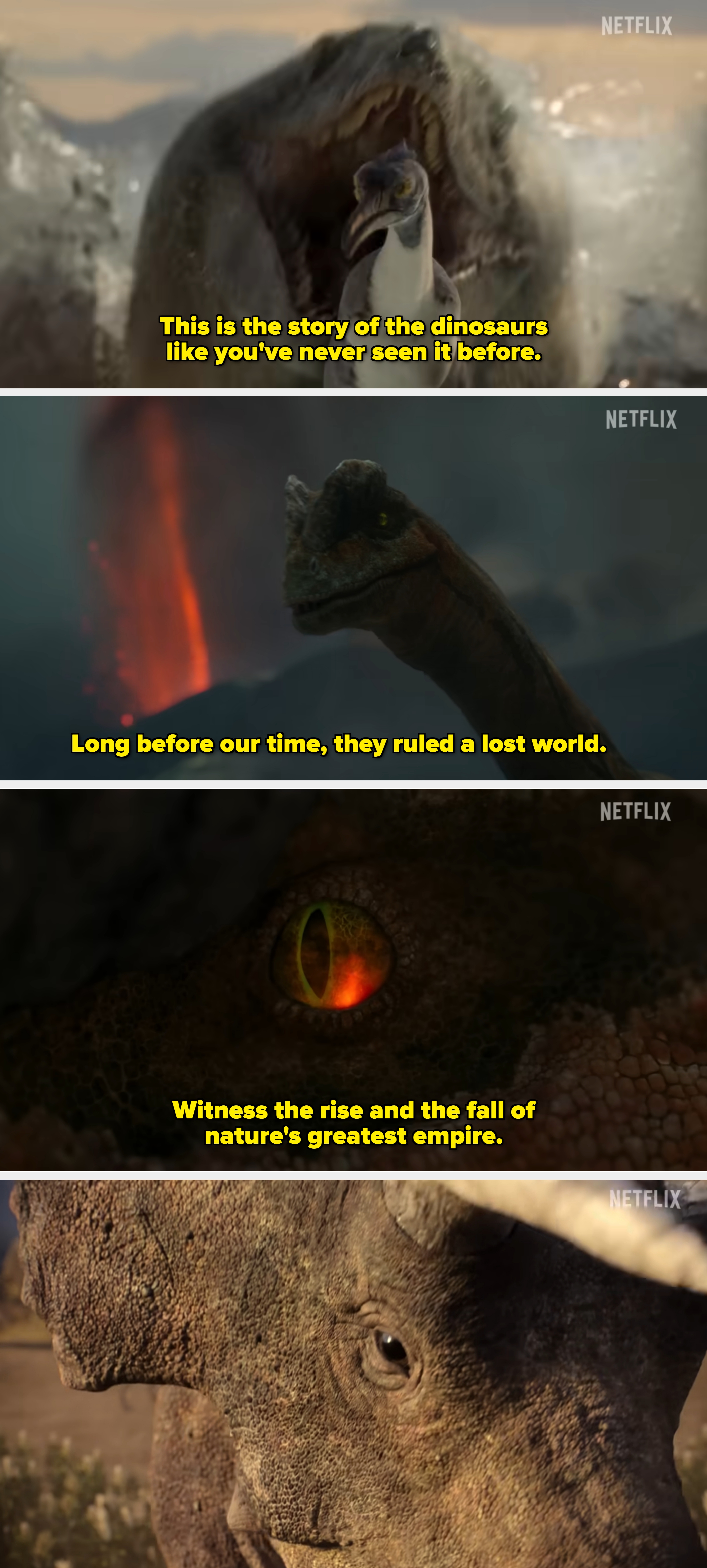 A dinosaur stands successful beforehand of a volcanic eruption with a Netflix logo successful the corner