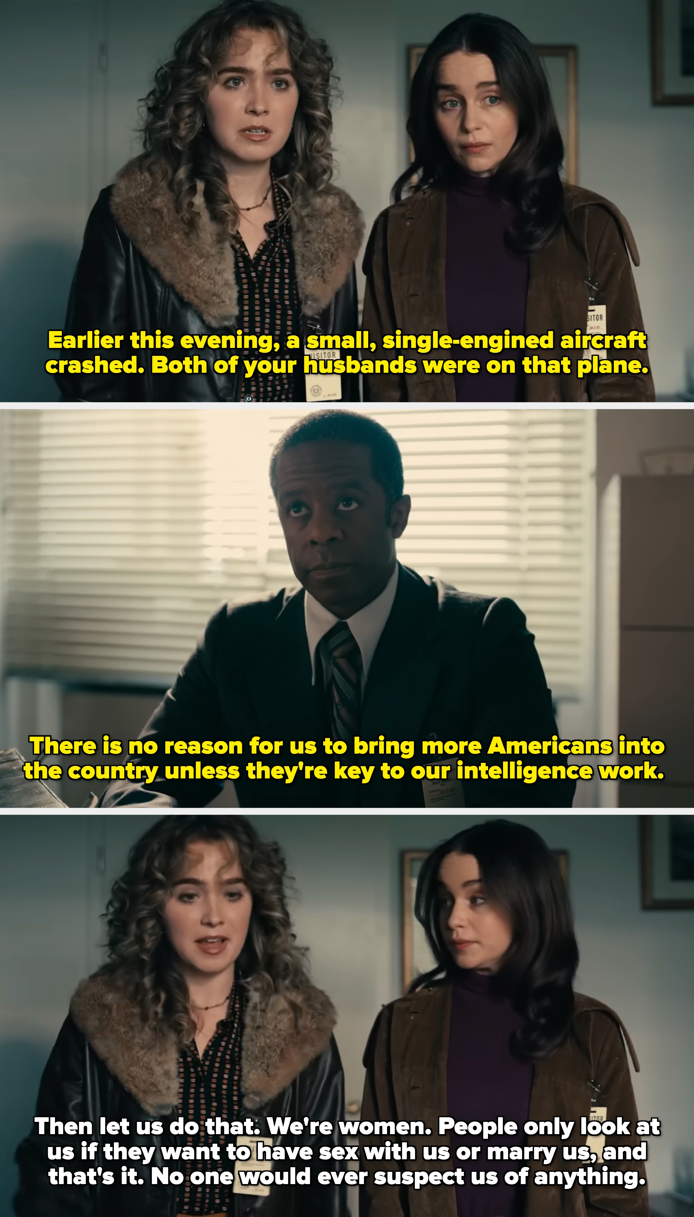 A idiosyncratic successful a suit and necktie sits astatine a desk, looking upwards, with blinds successful the background