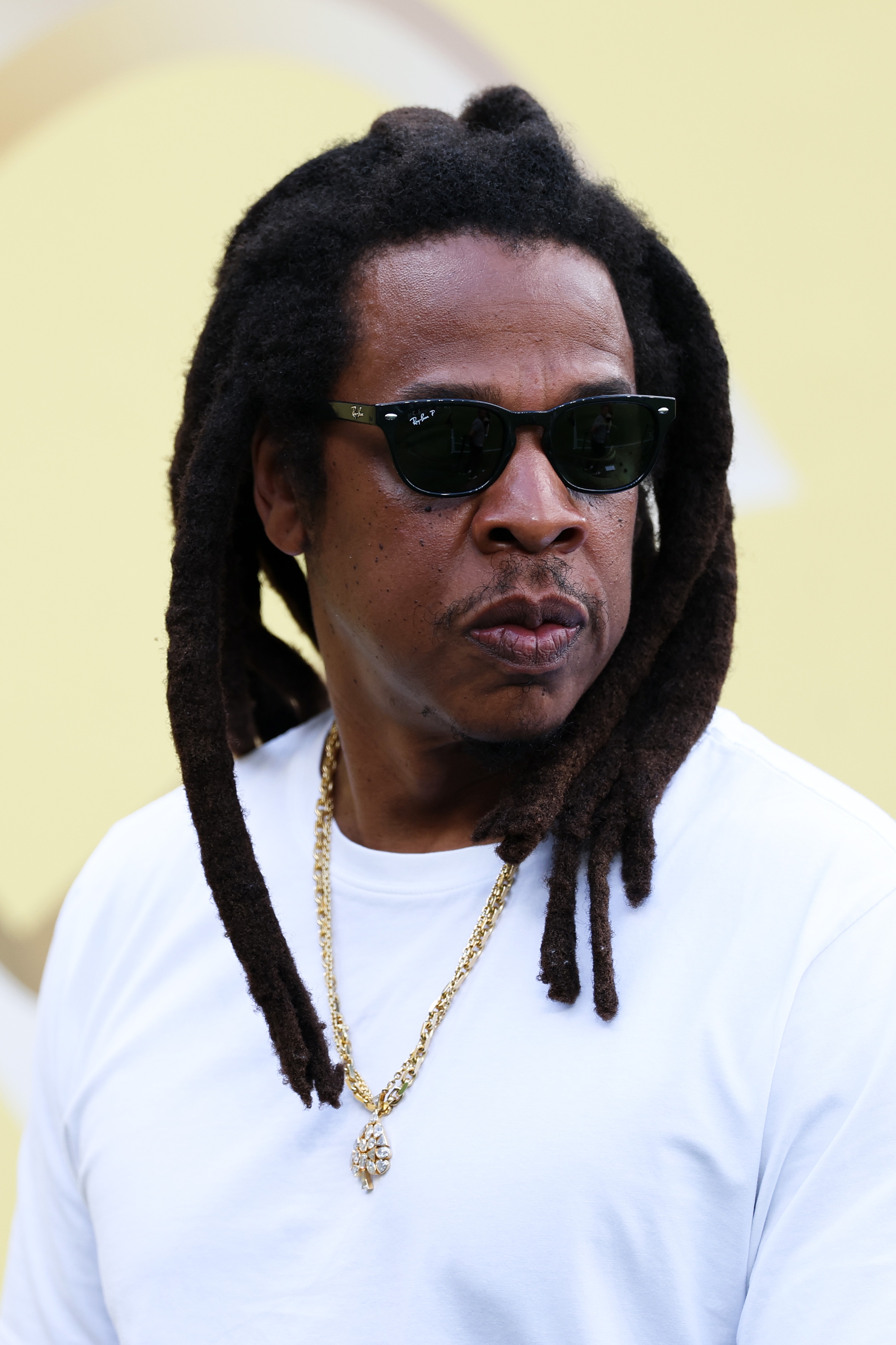 A idiosyncratic   with sunglasses and dreadlocks wears a achromatic  garment  and golden  necklace