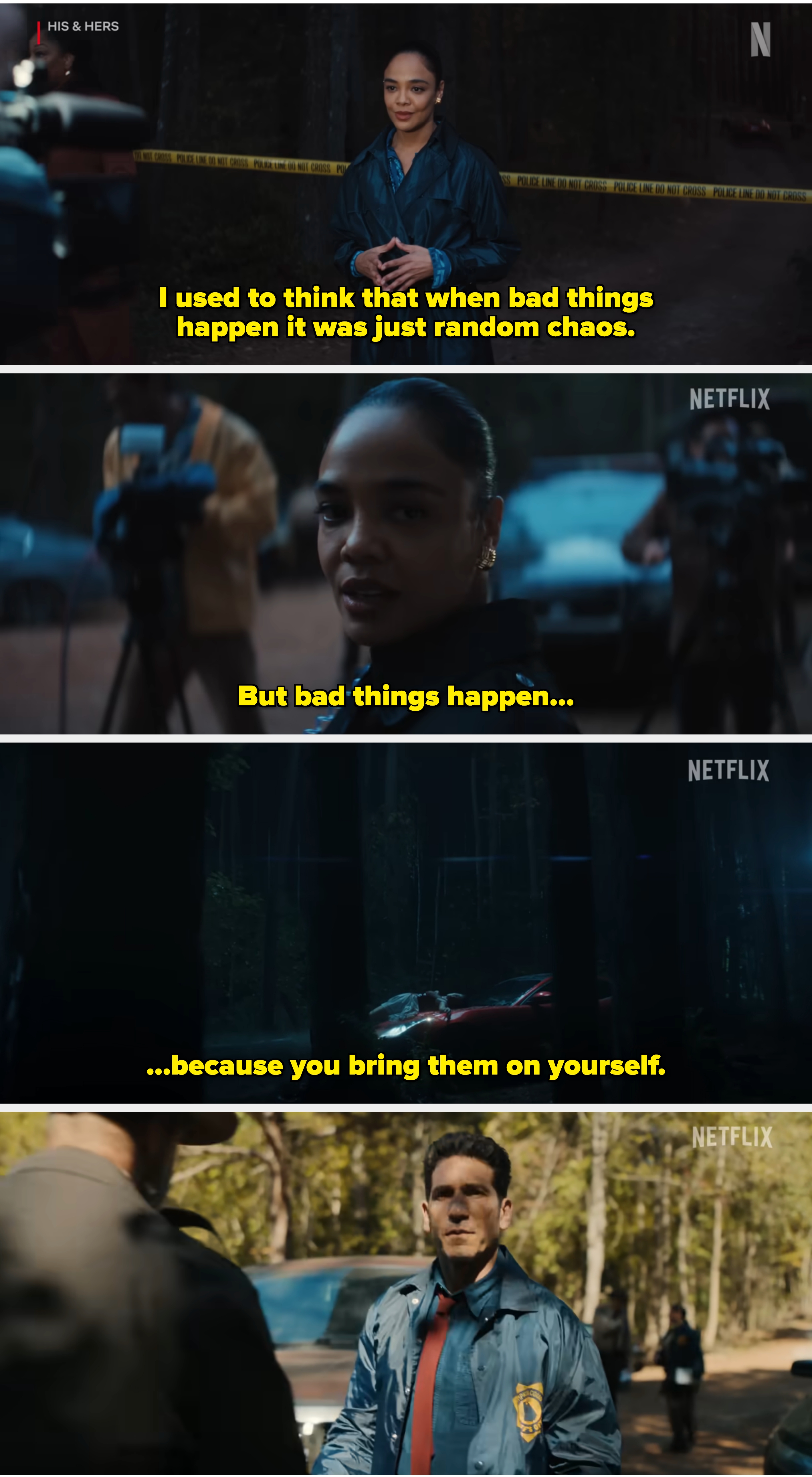 A idiosyncratic outdoors astatine night, wearing a acheronian overgarment and golden earrings, stands adjacent yellowish caution tape