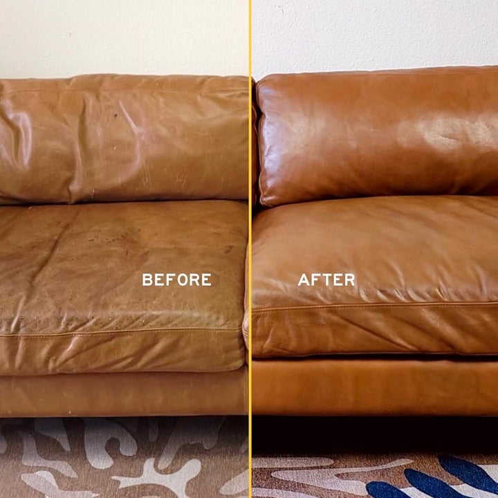 Before and after comparison of a leather couch restoration, showing improvements in texture and appearance