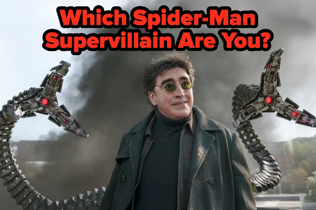 A person dressed as a Spider-Man villain with mechanical arms. Text reads: "Which Spider-Man Supervillain Are You?"
