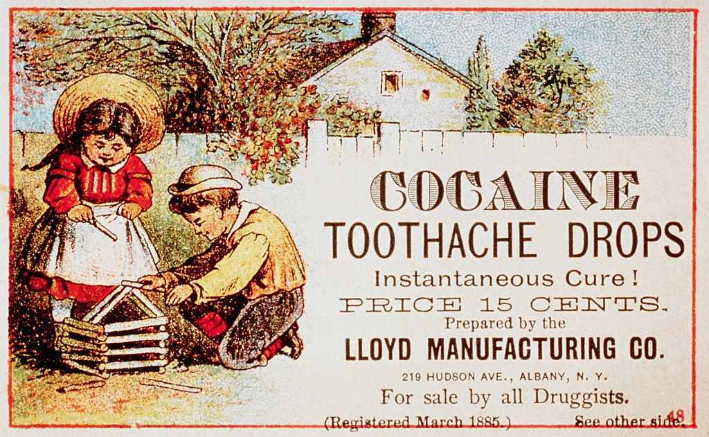 Vintage advertisement for cocaine toothache drops, priced astatine 15 cents, by Lloyd Manufacturing Co. for druggist sale