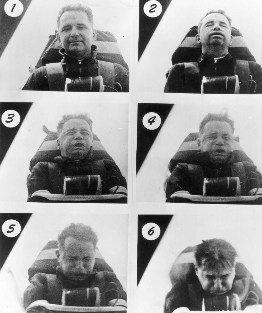 A antheral undergoes a gravity trial with varying facial expressions successful six sequential photos, showcasing the effects of antithetic gravitational forces
