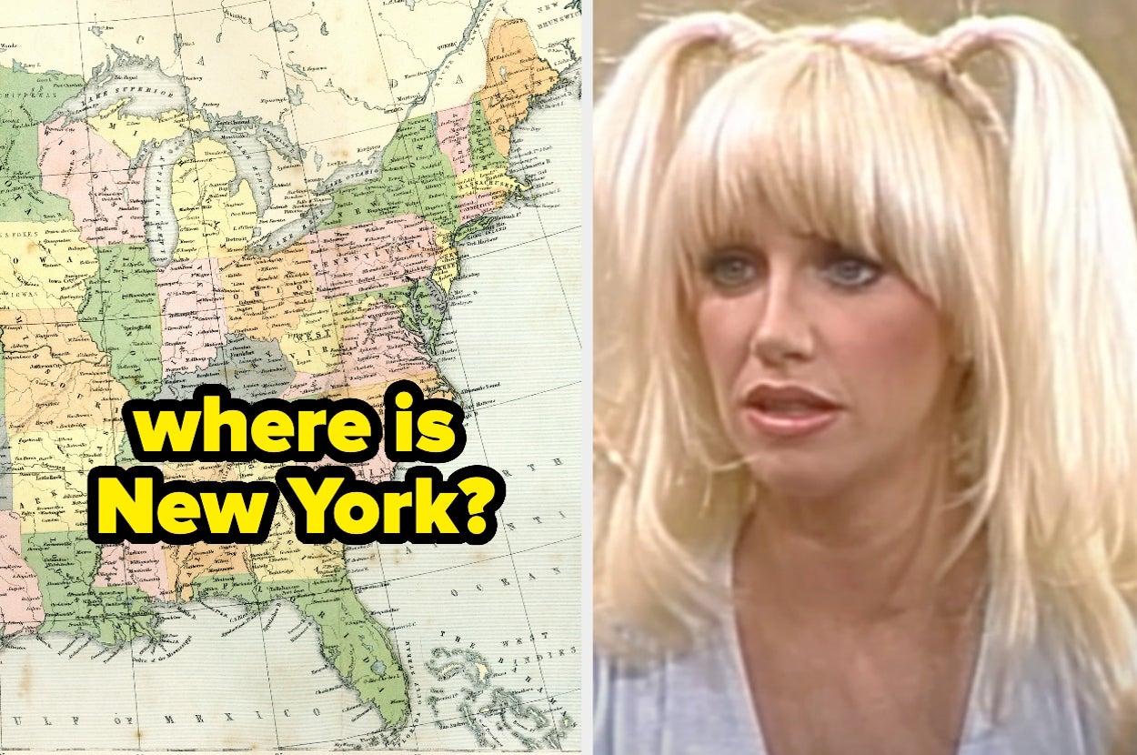 Map highlights New York area with text "where is New York?" next to a person with blonde pigtails, looking perplexed