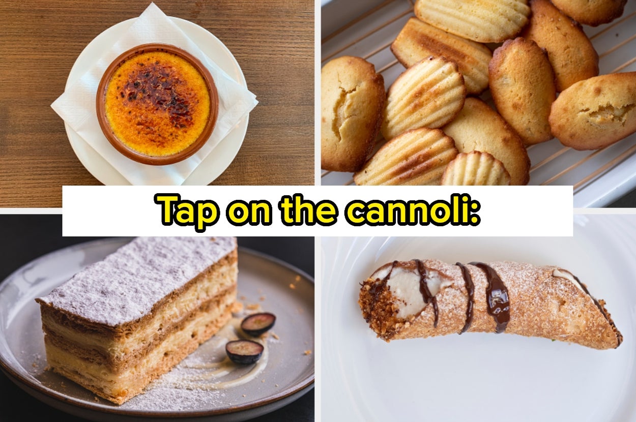 Assorted desserts including crème brûlée, cookies, layered cake, and a cannoli. Text prompt: "Tap on the cannoli:"