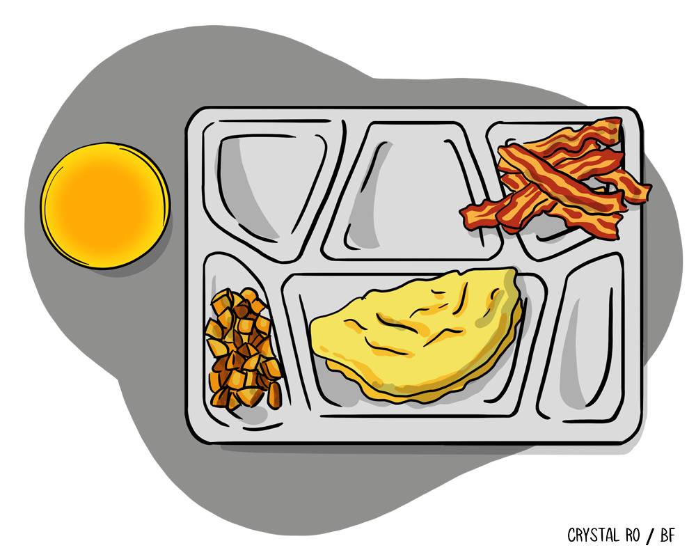 School lunch tray with an omelet, diced potatoes, two strips of bacon, and a glass of orange juice