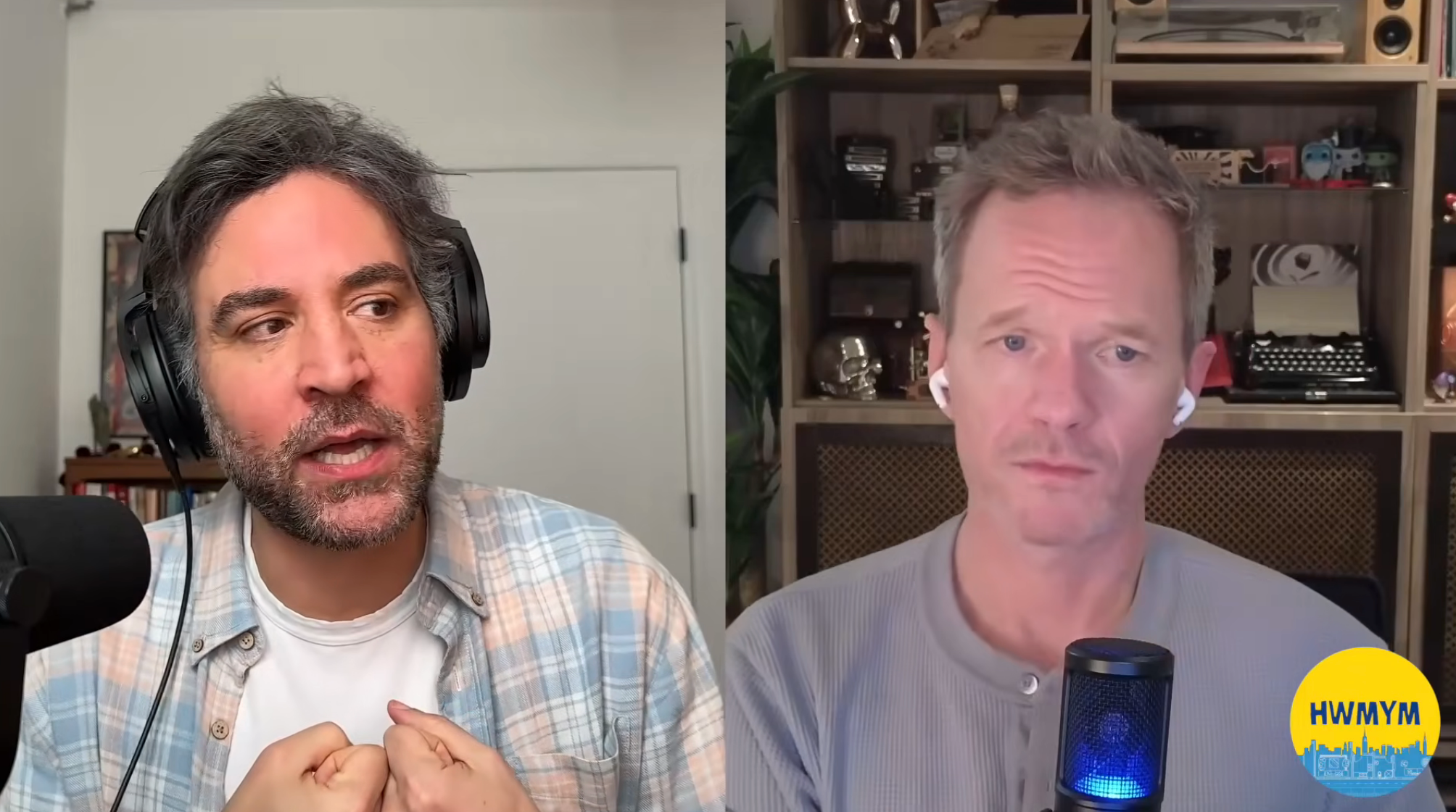Two men speaking into microphones during a podcast video call, each   successful  abstracted  spaces with headphones on