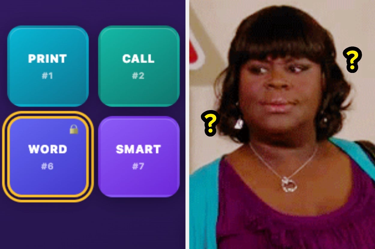 Left: Four buttons labeled Print, Call, Word, Smart. Right: Person looking confused