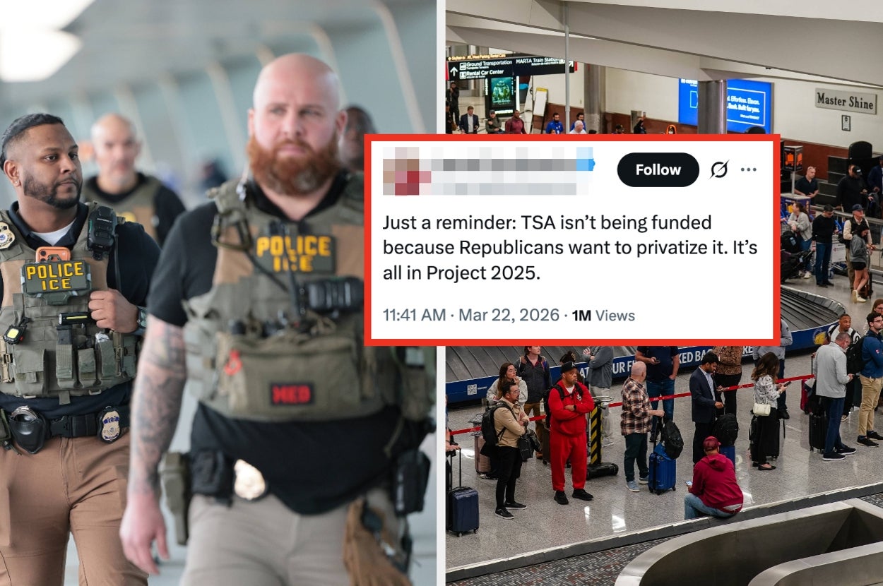 Two ICE officers in tactical gear walk through an airport; inset tweet claims TSA funding issues linked to Republican privatization efforts