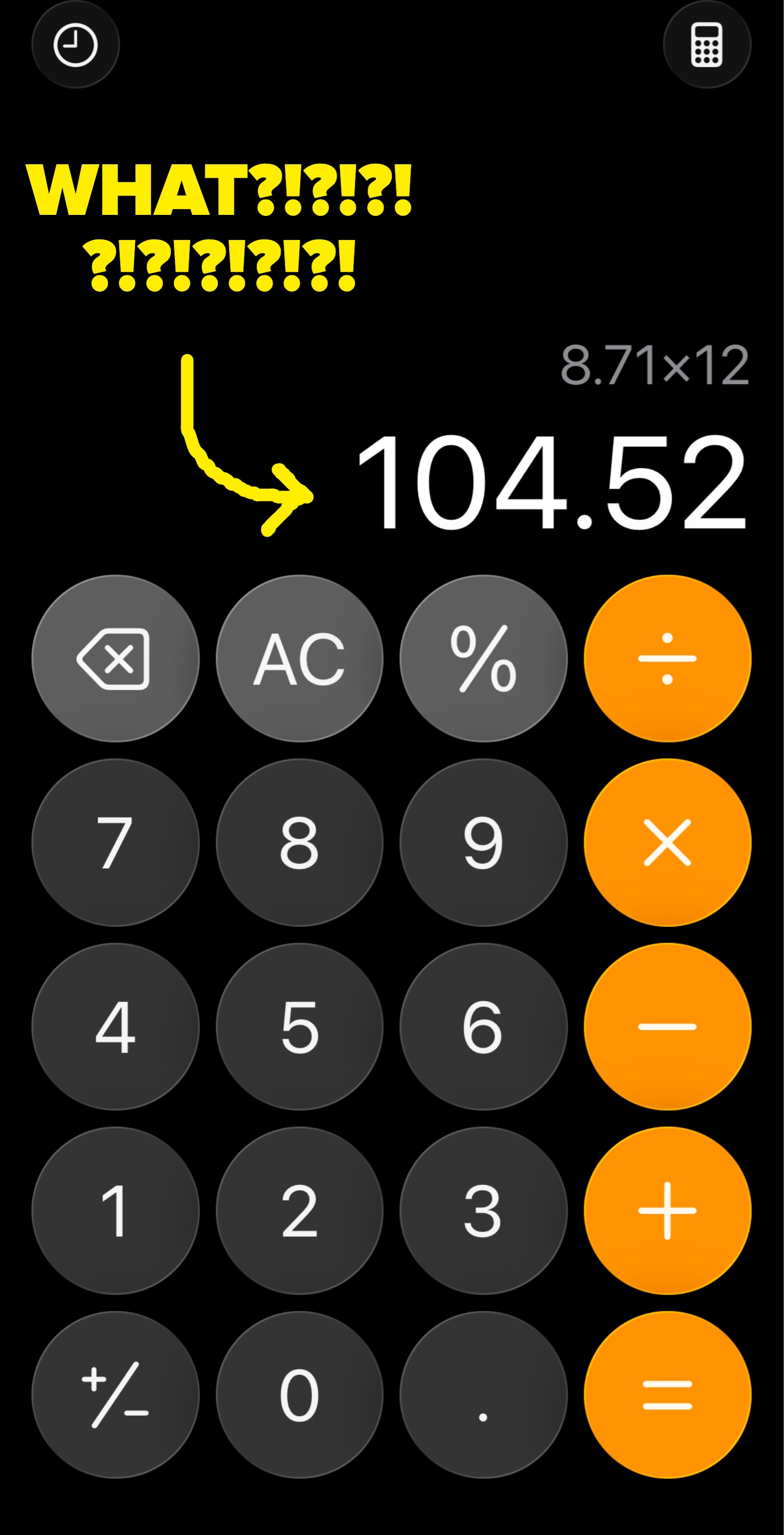 Calculator app show  showing the effect   of 8.71 times 12, equaling 104.52
