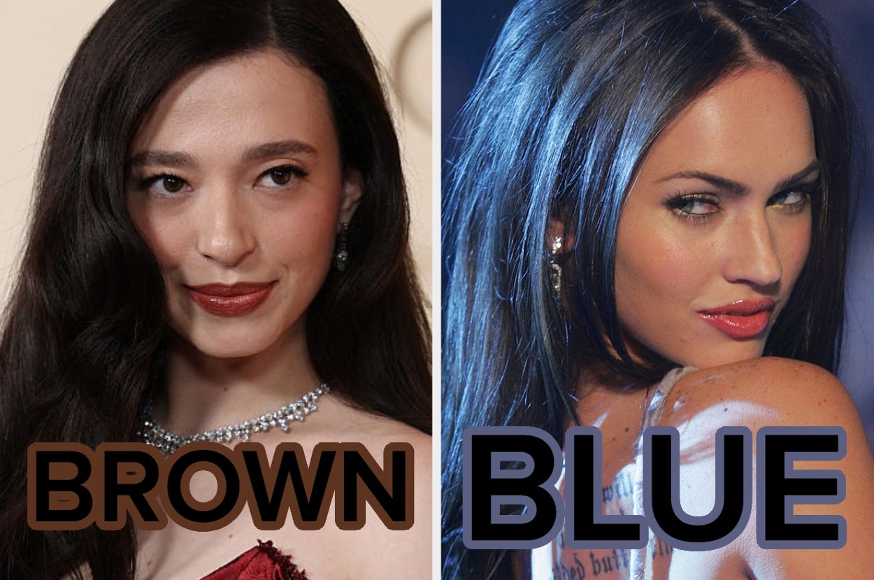Two side-by-side images of women with different eye colors: one with brown eyes, the other with blue eyes