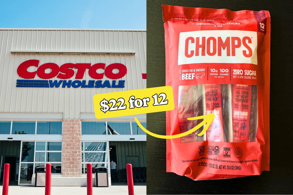 A packet of beef sticks priced at \$22 for 12 shown with a Costco store in the background