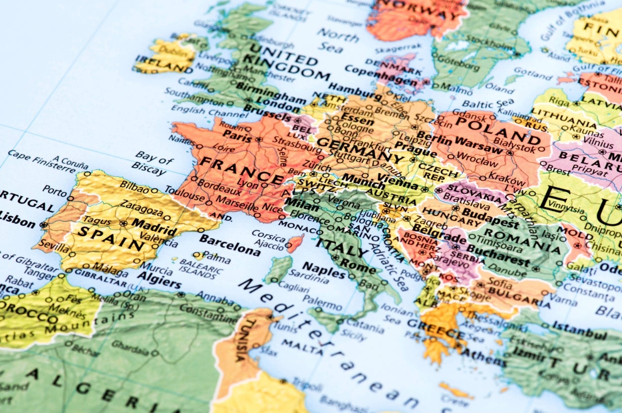 Close-up of a map showing European countries such as France, Germany, and Italy, highlighting travel destinations
