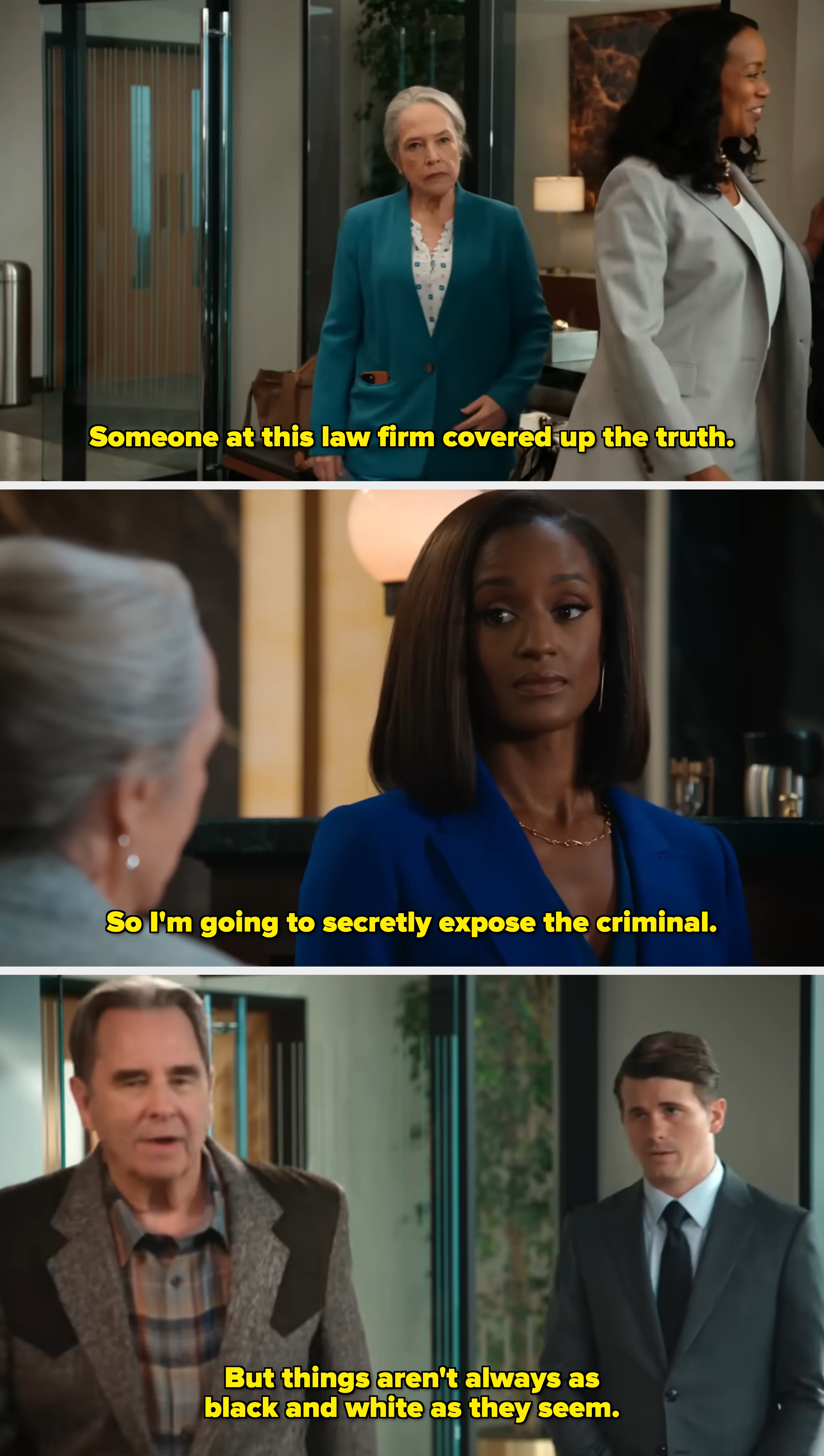 Two women successful a concern setting. One wears a teal suit, the different a airy grey suit. They're engaged successful conversation