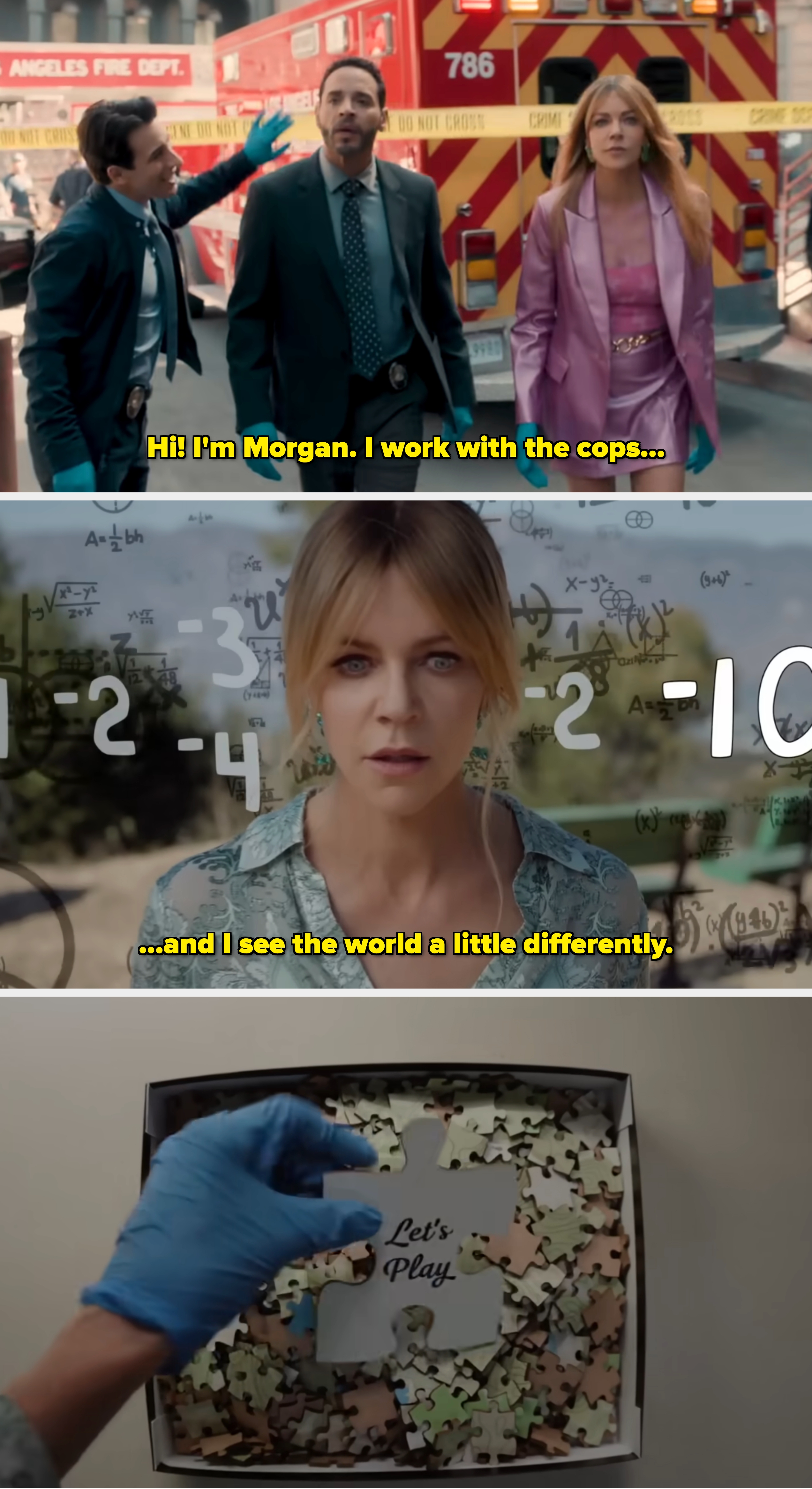 Three actors successful a country with an ambulance and caution tape, wearing detective badges and gloves. A pistillate successful a pinkish suit leads the group