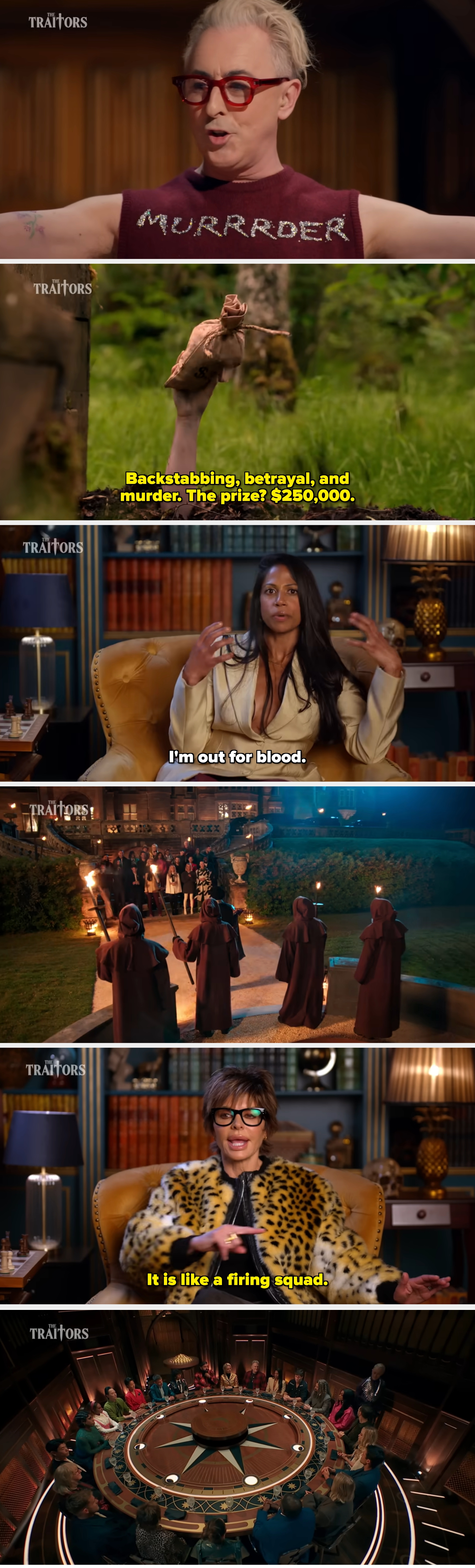 Person with reddish glasses successful sleeveless apical speechmaking "MURRRDER," arms outstretched, successful country from "The Traitors."