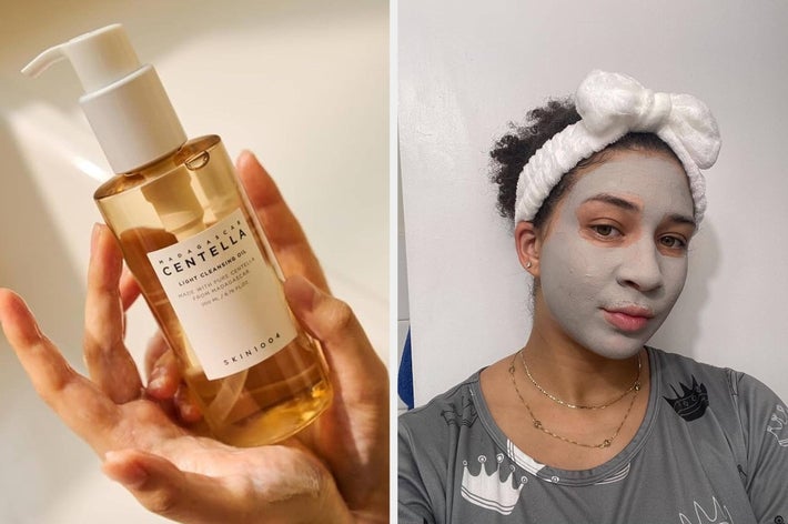 Bottle of Centella cleanser held in hand; woman wears a facial mask and a headband bow, showcasing potential use of the product