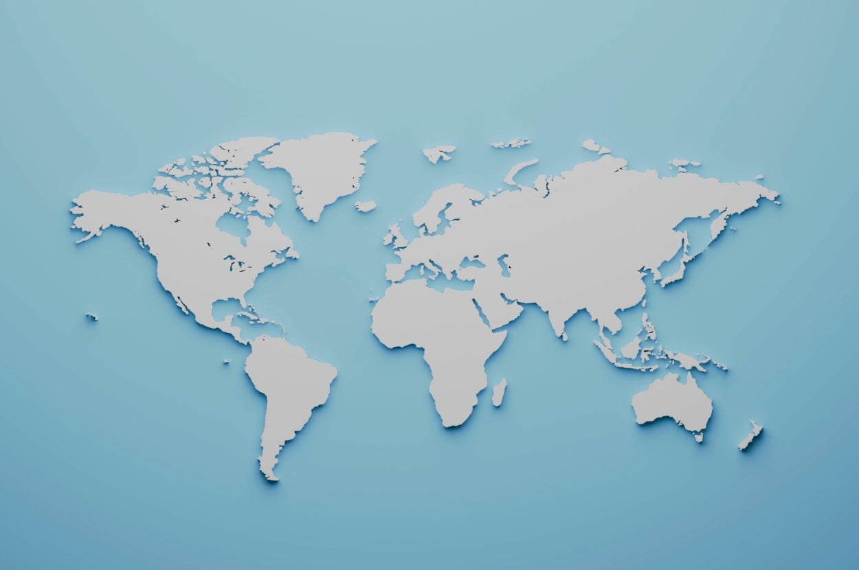 A 3D world map highlighting continents on a blue background, suggesting global travel and exploration