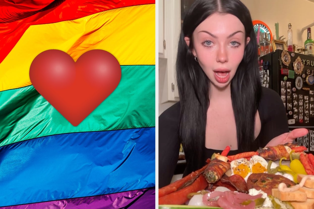 Person in a kitchen with a platter of various meats and cheeses; a rainbow flag with a heart emoji appears beside them