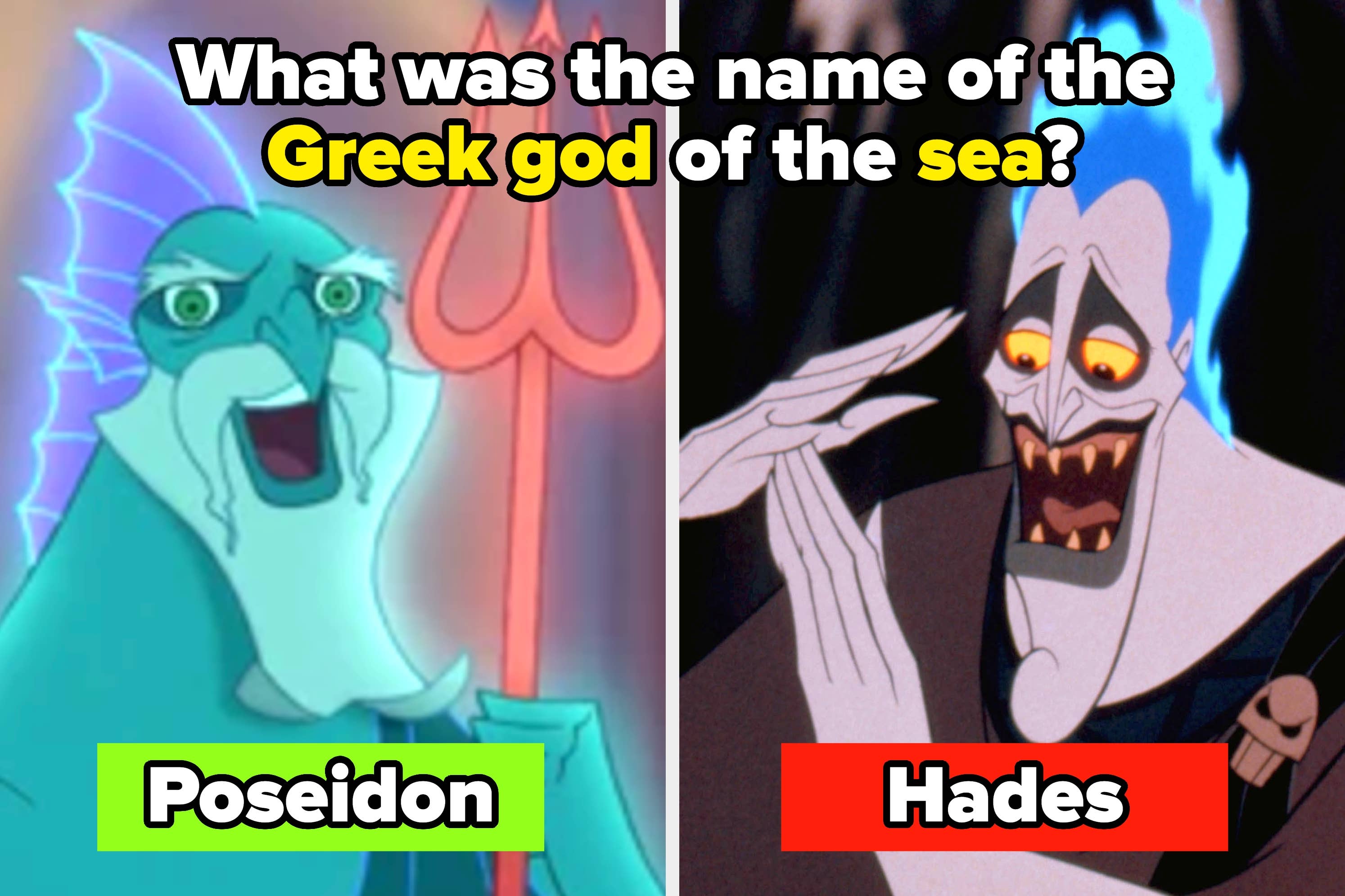 Two animated characters: Poseidon with trident and Hades with flaming blue hair. Text asks for the Greek god of the sea