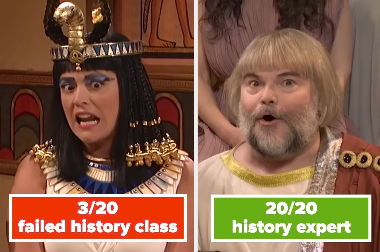 Two comedic scenes: one dressed as Cleopatra with text "3/20 failed history class" and another as a Roman with text "20/20 history expert"