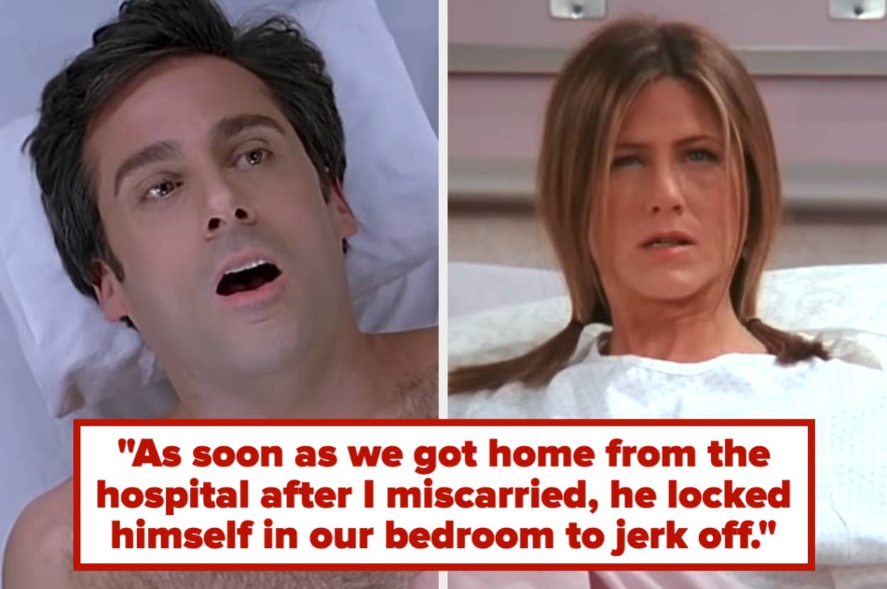 Two people lie in bed in separate scenes; large text quotes a personal, emotional reaction following a miscarriage