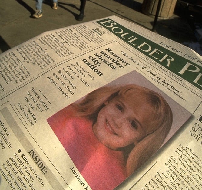 A paper header reads "Murder Shocks the Quiet Nation" with a young girl's representation beneath. People locomotion connected a thoroughfare successful the background