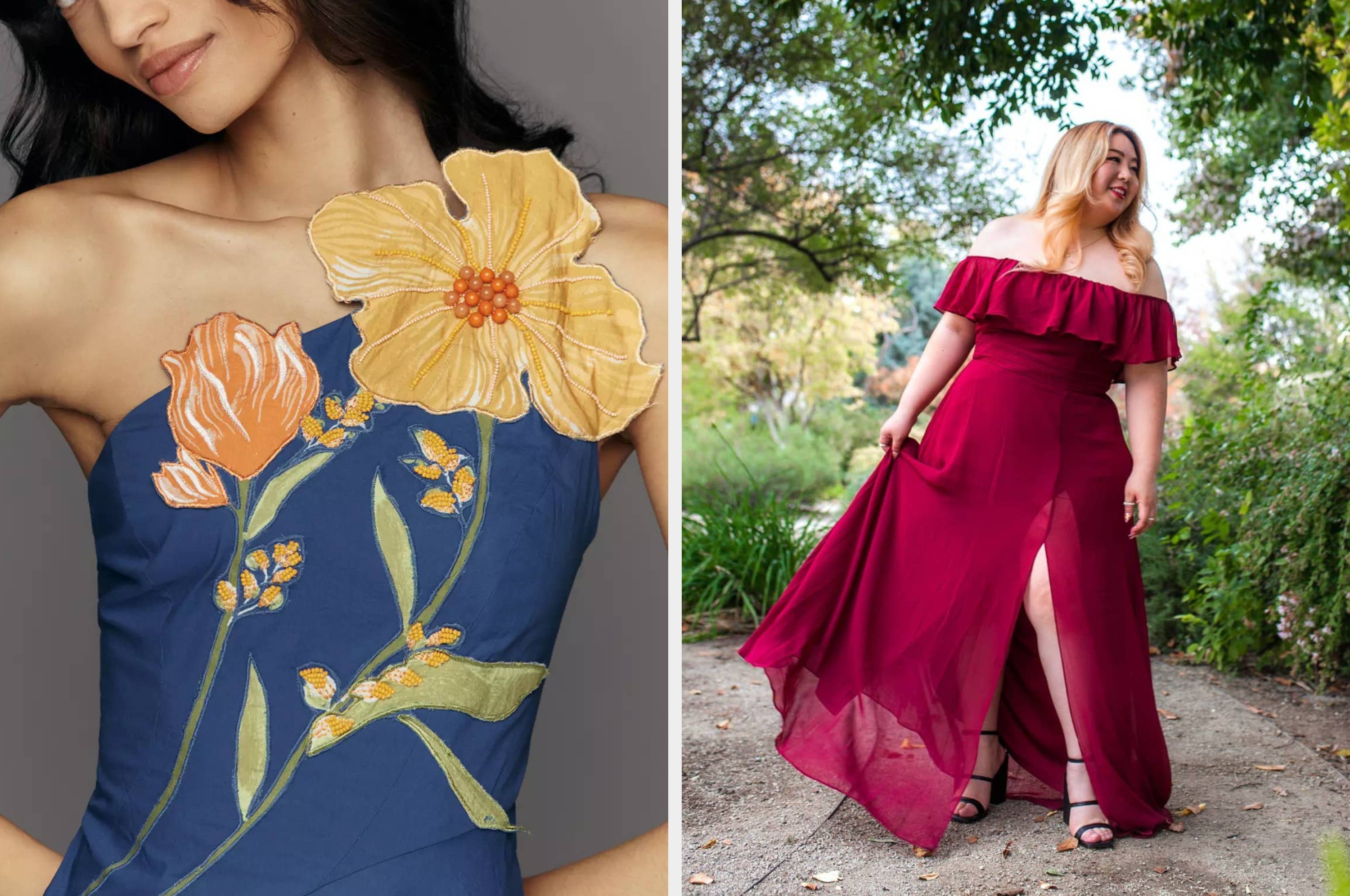 Left: Close-up of textured floral embroidery on a sleeveless dress. Right: Woman in a long-sleeve, form-fitting pink floral dress outside on steps