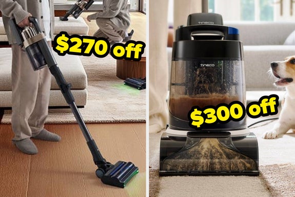 Side-by-side comparison of two vacuum cleaners showing their effectiveness on carpet and hard floor with visible debris