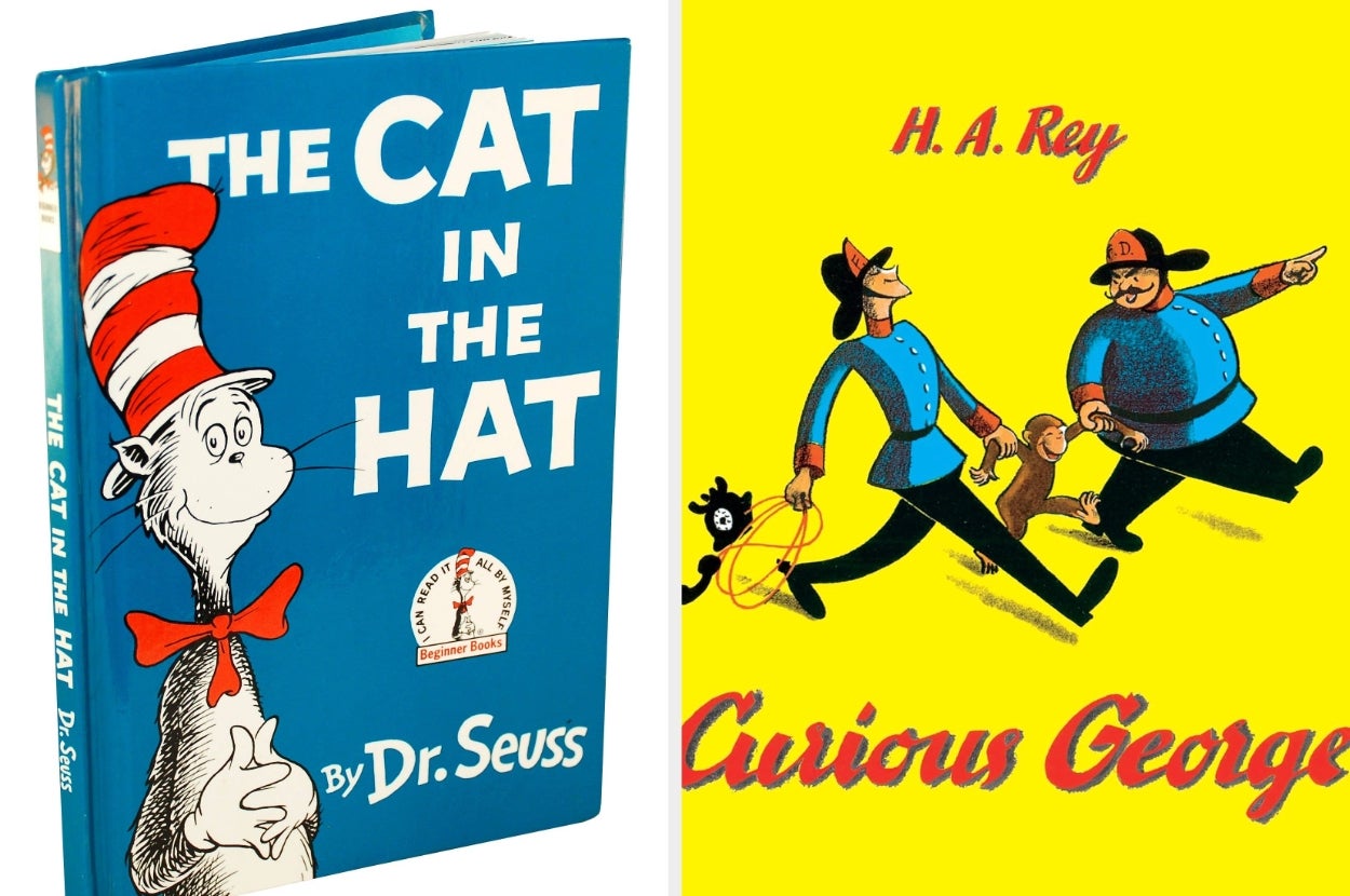 Split image of "The Cat in the Hat" and "Curious George" book covers