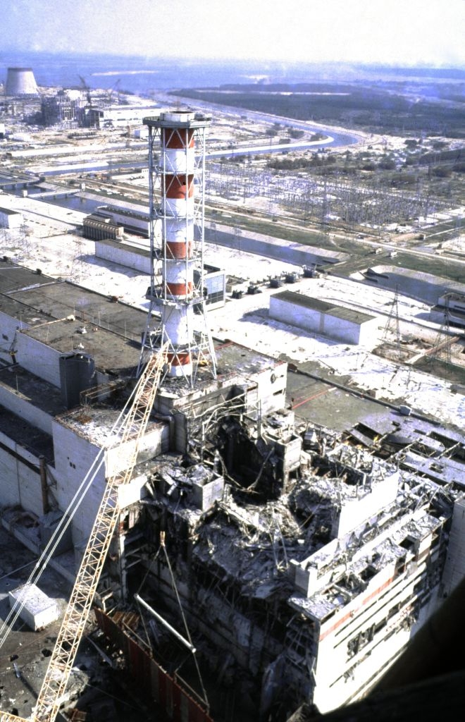 Damaged operation of Chernobyl Nuclear Power Plant aft the disaster, showing extended demolition and debris