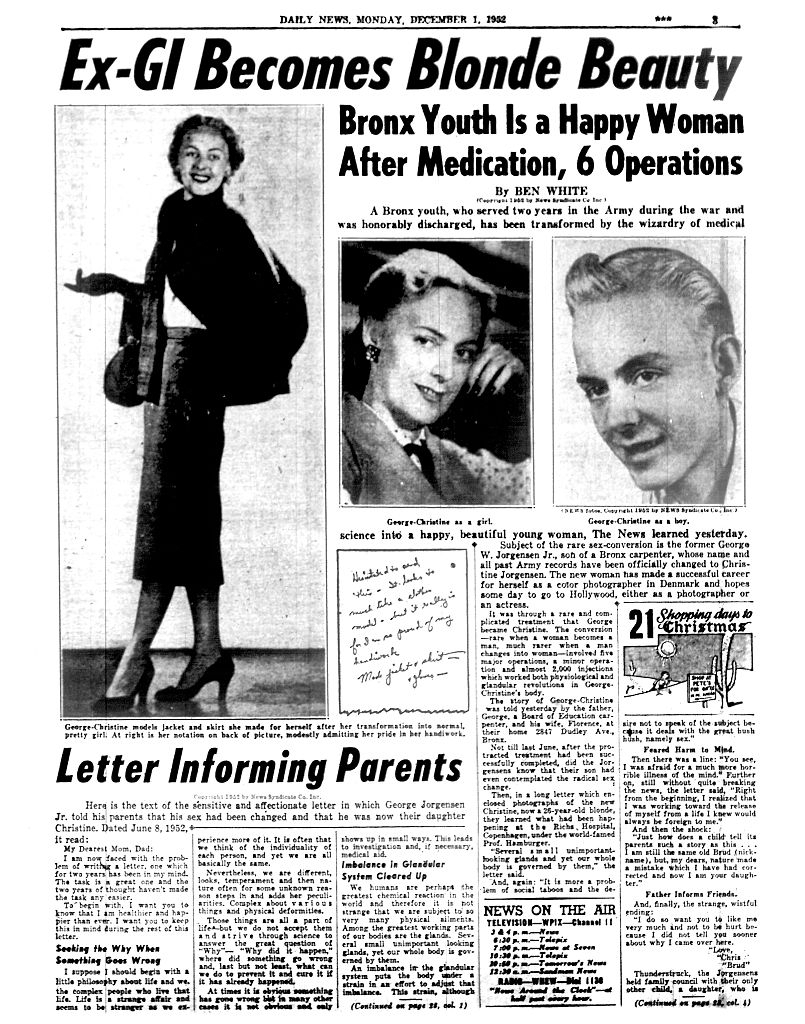 Front leafage of a 1952 Daily News showing a communicative astir a erstwhile GI who became a pistillate done surgeries. It features images and a missive astir the transition