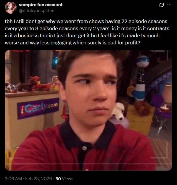 A tweet questions the reduction in TV show episode counts, citing industry decisions for decreased viewer engagement