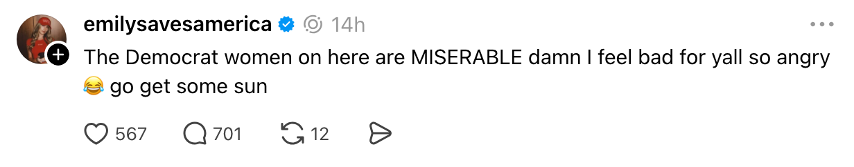 Comment expressing sympathy towards Democrat women for being angry, suggests getting sun