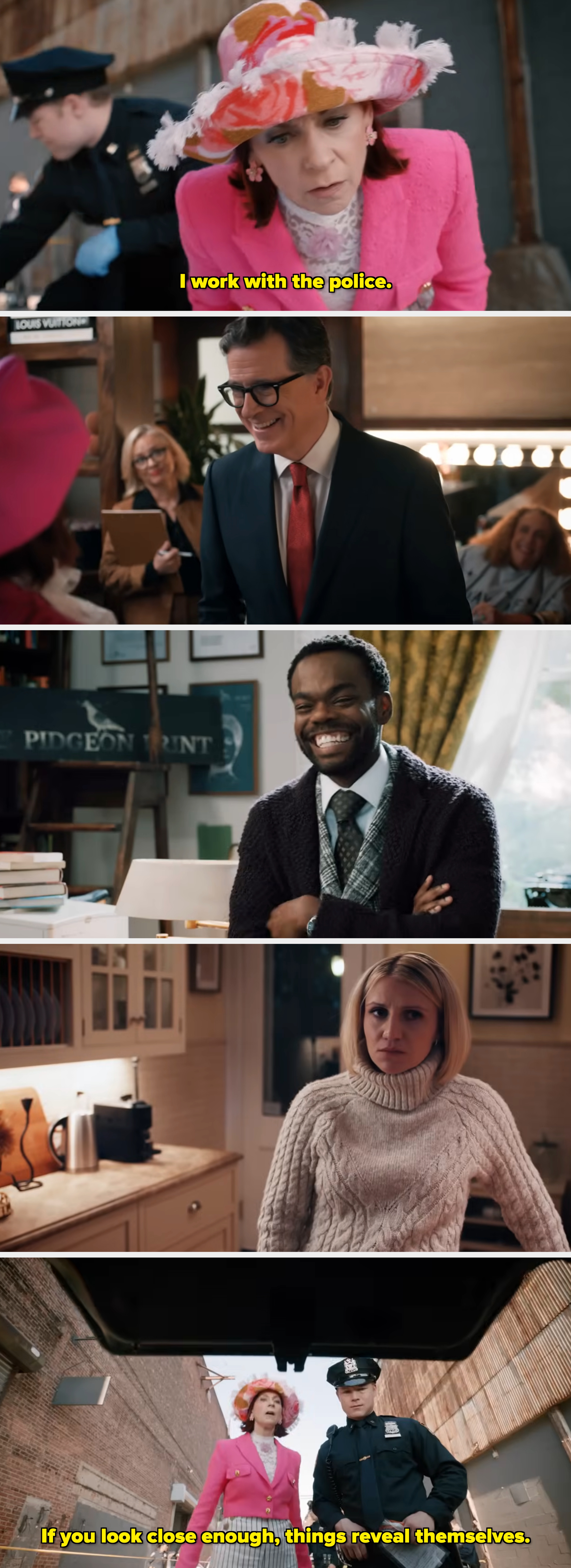 A idiosyncratic successful a stylish pinkish outfit and patterned chapeau looks down intently, with a constabulary serviceman nearby