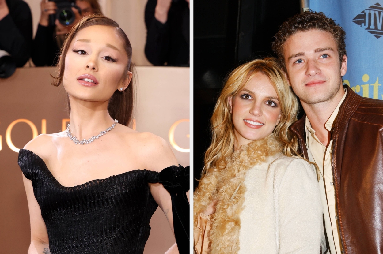 Left: Ariana Grande. Right: Britney Spears and Justin Timberlake at an event