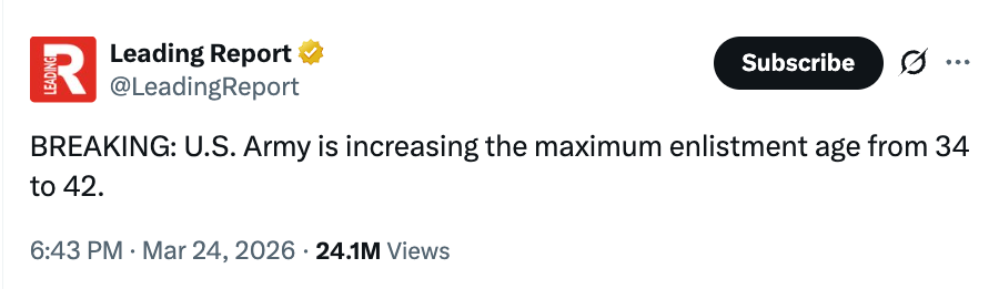 U.S. Army raises max enlistment property from 34 to 42