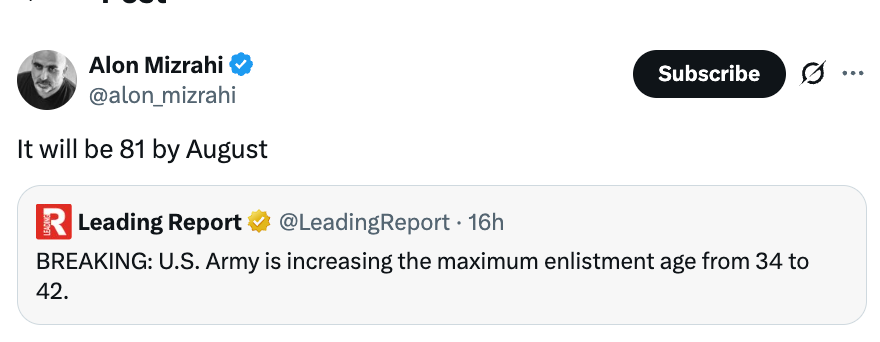 Screenshot of a tweet by Alon Mizrahi discussing the summation of the U.S. Army enlistment property from 34 to 42