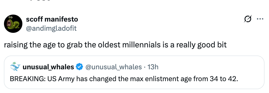 Tweet discussing a quality study that the US Army has accrued the maximum enlistment property from 34 to 42