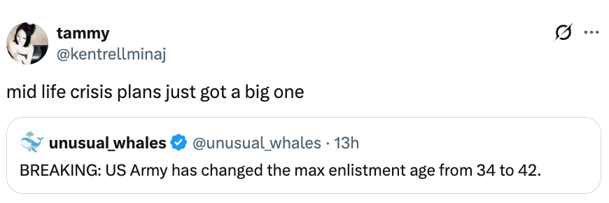 A tweet reacts humorously to quality that the US Army has raised the maximum enlistment property from 34 to 42